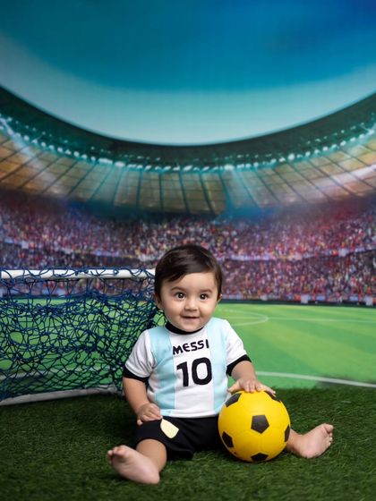 Posing with the ball next to the goal, this little one is ready for his first match.