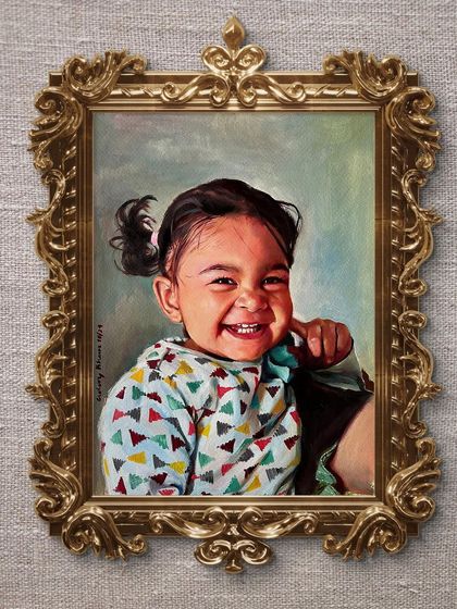 The portrait of my daughter presented in a digital vintage frame. This shows how the artwork can be displayed as a timeless piece of family heritage.