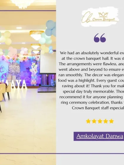 Amkolayat Danwa's wonderful review for a ring ceremony praises our stunning and elegant decor, flawless arrangements, and highlight-worthy food. We aim to make every special day truly memorable.