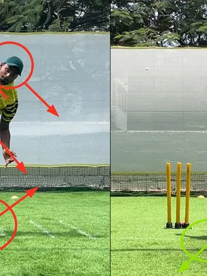 This before and after shows the dramatic correction of a collapsed body and poor foot alignment. The 'after' image displays a stable, upright posture, which is essential for a leg-spinner to control the ball.