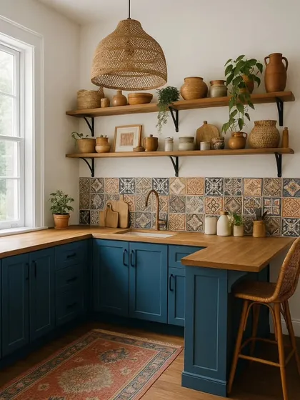 My design approach is versatile, always tailored to the client's personality. This bohemian kitchen brings warmth and character to every corner, using deep blue cabinetry, open wood shelving, and a patterned tile backsplash. It’s a perfect balance of function and free-spirited style.