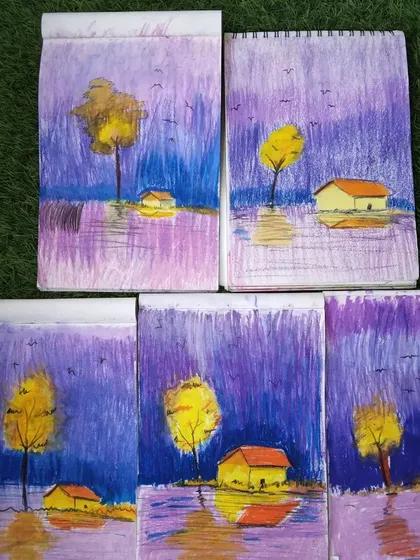 Collages showing the amazing variety of oil pastel drawings from our classes, from flowers and animals to landscapes and festive themes.