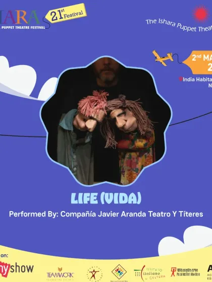 The poster for 'Life (VIDA)' from Spain. The image of two simple hand puppets in an embrace perfectly captures the tender and moving nature of this wordless performance.