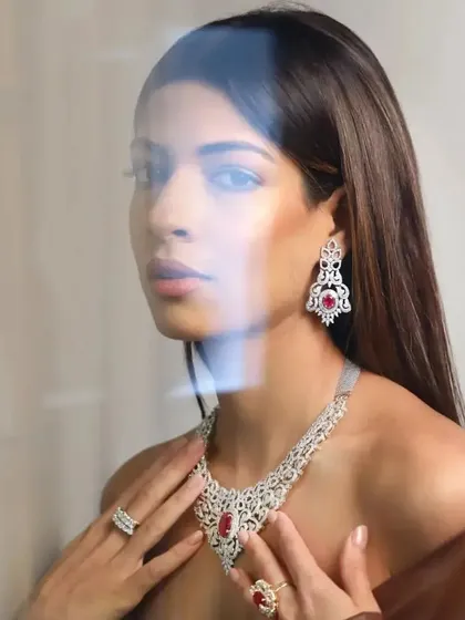 Soft, dewy makeup for a high-end jewelry shoot with Maia Shroff. The goal was a fresh, radiant look to complement the exquisite diamond and ruby necklace.