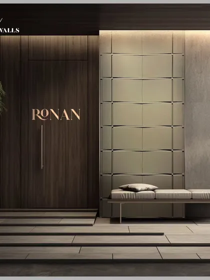 The 'Ronan' design applied to an entryway. The 3D geometric panels create a sophisticated and welcoming entrance, demonstrating how our wall cladding can be used to define and elevate any part of a home.