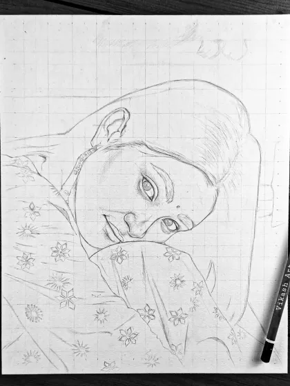The grid outline for the portrait of the woman from Gujarat.