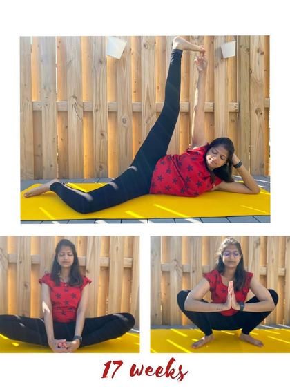 An early pregnancy practice at 17 weeks, focusing on hip openers like Baddha Konasana and deep squats.