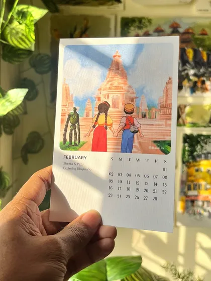 The February illustration shows Sheeta and Pazu exploring Khajuraho. The detail in the temple architecture was a challenge, but I'm so happy with how it turned out.