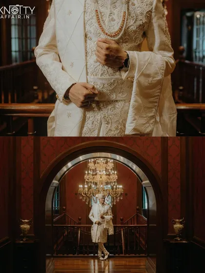 A detailed shot of the groom's intricate sherwani, followed by a wider portrait of him standing in a grand archway. This pairing highlights both the fine craftsmanship of his attire and the majestic wedding venue.