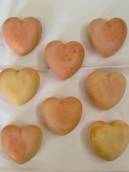 A batch of my heart-shaped 'Juliet' soaps. Each one has a slightly different swirl, making them unique handmade gifts.