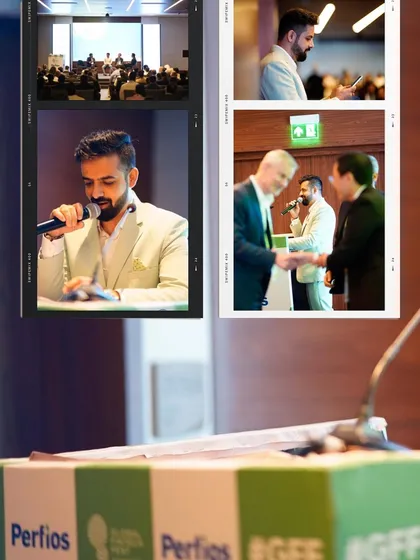 A collage showing my various roles at the conference, from speaking at the podium to interacting with international delegates.