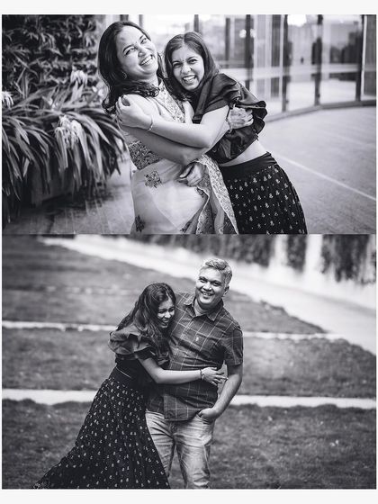 A black and white collage capturing the loving and playful hugs between a daughter and her parents.