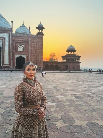 A stunning bridal portrait at the Taj Mahal, with the monument in the background. A dream portfolio shot.