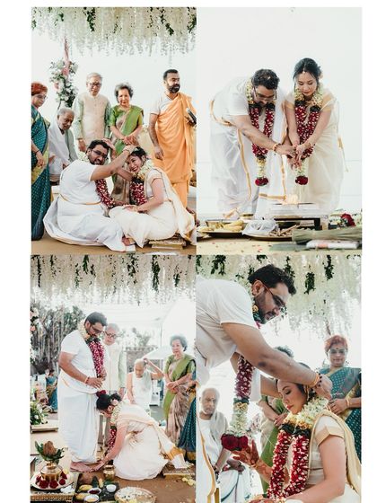 A collage of various rituals from a South Indian beach wedding, showcasing the traditions and the beautiful seaside setting.
