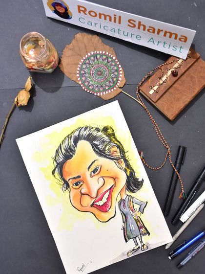 A solo caricature displayed on my desk. I love creating these personalized pieces and imagining the smile they'll bring to someone's face.