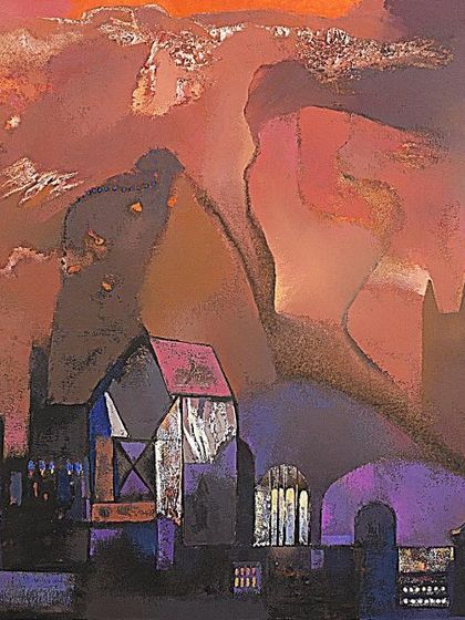 This architectural painting uses a dramatic, warm palette to create a moody and evocative cityscape. The artist plays with light and shadow to give the structures a sense of history and mystery.
