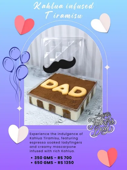 A special treat for Father's Day, our Kahlua Infused Tiramisu offers a sophisticated flavor profile. This dessert features classic espresso-soaked ladyfingers and creamy mascarpone infused with rich Kahlua, available in two convenient sizes.