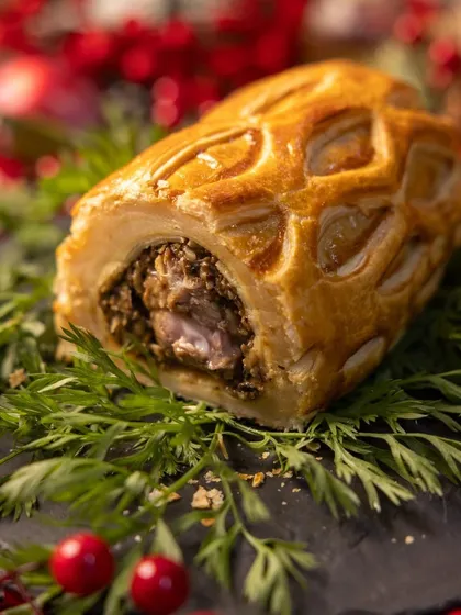 A close-up of our festive Lamb Wellington, a true showstopper. The golden, lattice puff pastry encases tender lamb and a rich mushroom duxelles, a testament to our mastery of classic European culinary techniques.