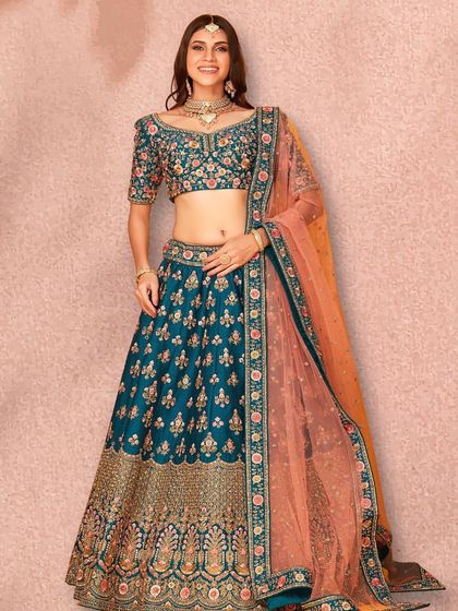 Another look at the beautiful teal floral lehenga, a style that's as unique as you are.