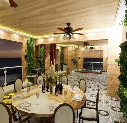 A detailed 3D render of the dining setup for the Bhiwandi terrace project. This visualization helps clients approve every detail, from the furniture style to the material finishes, before construction begins.