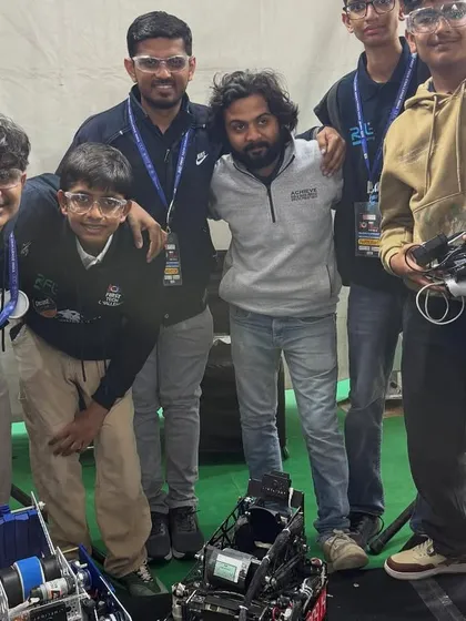 Our FTC teams Gujarat Tech Titans and Labfusion, who partnered as the Red Alliance in the playoffs after finishing 1st and 3rd in the qualifiers. This photo shows the teams and their robots, ready for the finals.