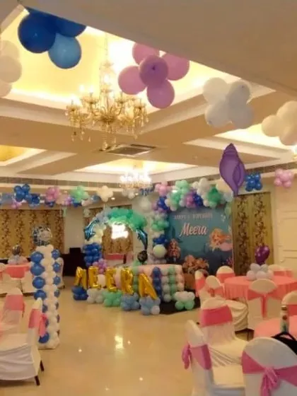A full view of a banquet hall decorated for a birthday party, showing how we use ceiling balloons, pillars, and backdrops to create a complete and festive environment.