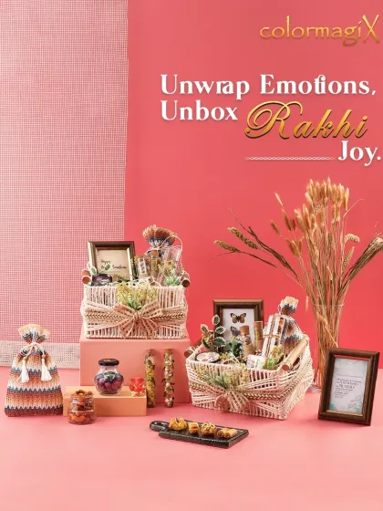 Unwrap emotions and unbox Rakhi joy with our rustic-chic hampers. These woven baskets include personalized photo frames, gourmet snacks, and decorative elements for a truly thoughtful gift.