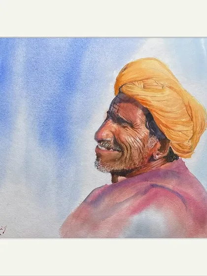 'Wisdom of the Desert' is a watercolour portrait capturing the spirit of Rajasthan. The side profile allowed me to focus on the strong features and the bright yellow turban against a simple blue sky.