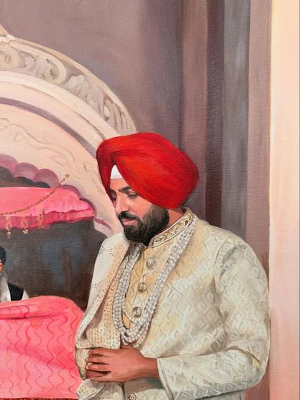 Detail shot of the groom from a large-scale wedding painting. I paid special attention to the texture of his sherwani and the peaceful expression on his face.