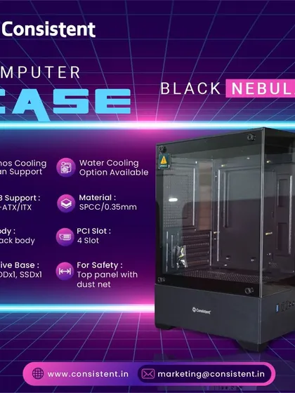 The Black Nebula case is shown here with its key features highlighted. It supports up to five fans, has a water cooling option, and includes a dust net on the top panel to protect your components.