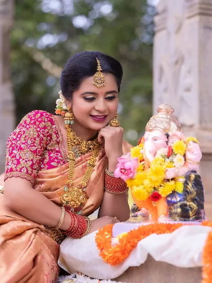 This series showcases a model in a festive look for Ganesha Chaturthi, wearing our complete temple jewellery set. It includes various angles highlighting the necklace, earrings, and maang tikka.