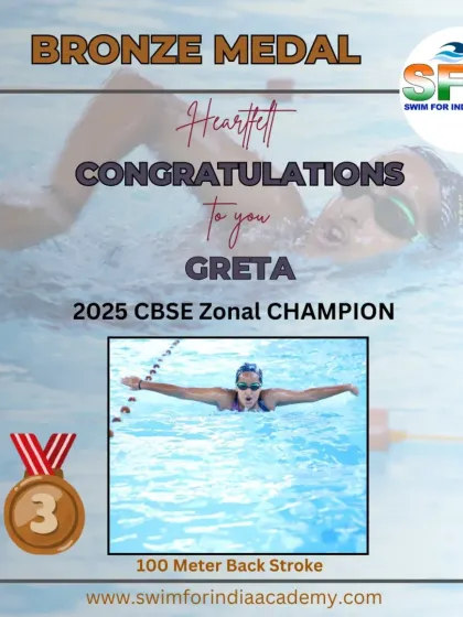 Greta showing her skill in the 100-meter backstroke, earning a bronze medal at the 2025 CBSE Zonal Championship.