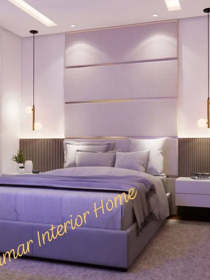Another view of the lavender-lit bedroom, showing the wardrobe and the overall serene ambiance.