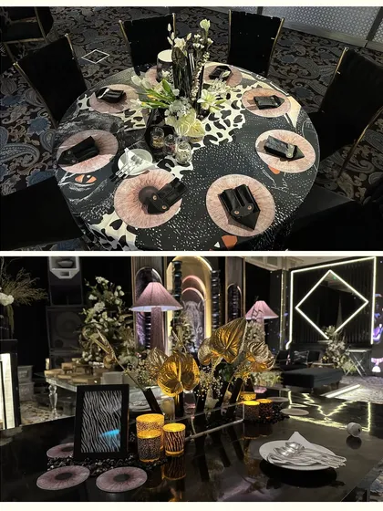 A collage of key design elements. The top image shows the round table setting with its striking 'panther eye' placemats, while the bottom image highlights the lounge area's details, including themed lampshades and golden anthuriums.