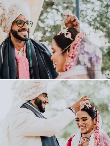 The gentle moment of applying the sindoor. A collage capturing the smiles and tender interactions between Ankita and Hilesh during their wedding ceremony.