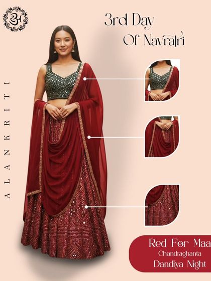 This collage shows how the red dupatta can be draped in a modern style. It also provides close-ups of the green mirror-work blouse and the printed skirt.