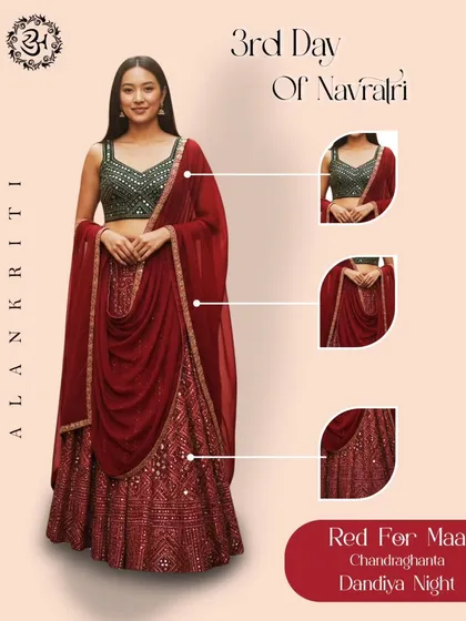 This graphic highlights the key features of the red and green lehenga set, from the detailed blouse to the flowing, patterned skirt.