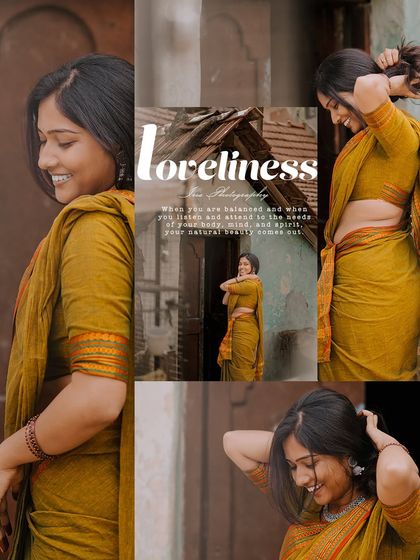 This collage captures candid, happy moments from the same series, showing the model's natural beauty in a rustic setting.