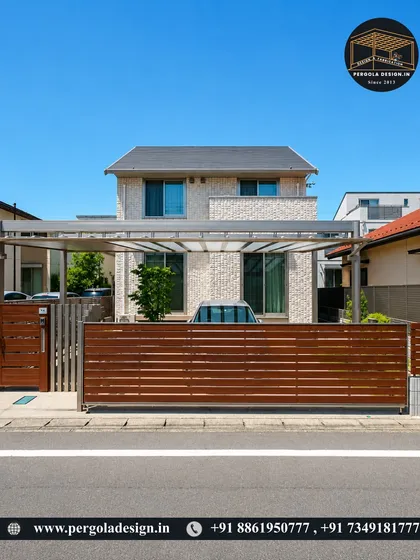 A wide view of a two-car carport with a durable polycarbonate roof. The simple, clean lines of the frame ensure the focus remains on the home's architecture, providing a functional shelter that is both unobtrusive and stylish.