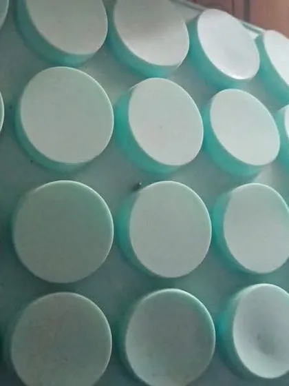 A multi-cavity round mold, ideal for producing hotel-sized soap bars. The uniform shape and size are perfect for the hospitality industry or for creating sample sizes.