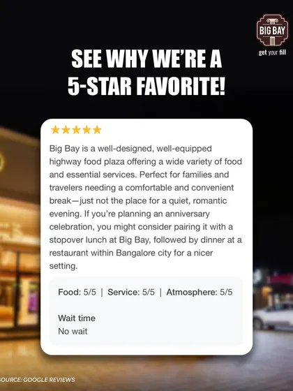 We're proud to be a 5-star favorite among travelers. This review highlights our well-designed space, wide variety of food, and family-friendly atmosphere, making us a convenient and comfortable break.