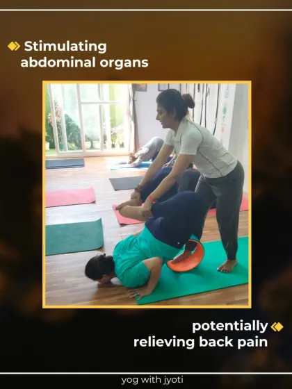 I am assisting a student using a yoga wheel in Locust Pose to help stimulate abdominal organs and relieve back pain.