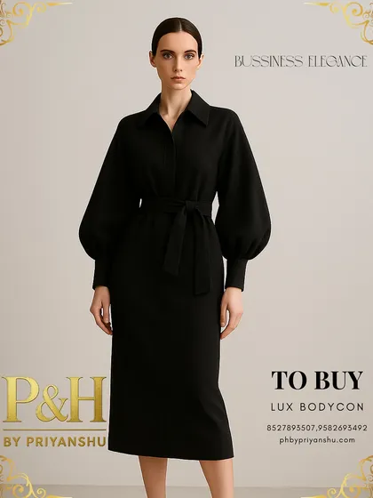 A full-length view of the black bodycon dress, emphasizing its elegant midi length and the sophisticated drape of the fabric. This is a versatile piece for the modern businesswoman.