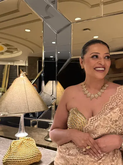 Gratitude and glamour. This look for the Suneet Varma show features a delicate lace saree, a sequined bustier, and a beautiful necklace designed by Suneet Varma himself.
