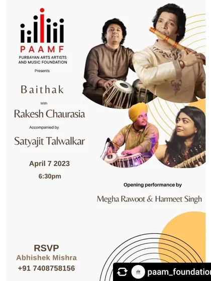 An announcement for a baithak presented by PAAM Foundation, where I had the honor of performing an opening set with Megha Rawoot ji.