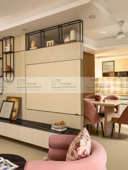 The TV unit fully rotated towards the dining area. This kind of functional innovation is key to our design approach, ensuring spaces adapt to our clients' needs.