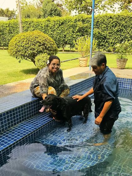 The family joins Sultan in the pool to make him feel more comfortable. It's a team effort.