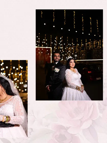 We plan celebrations for every tradition, including this elegant Christian wedding reception. The couple is seen here against a backdrop of beautiful string lights, which we used to create a warm and romantic ambiance for their special evening.