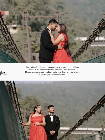 Two beautiful shots of a couple in formal wear on the bridge, showcasing their connection against the stunning mountain scenery.