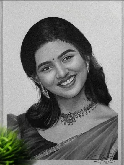 The final drawing of a smiling woman in a saree, showing the completed necklace and clothing details.